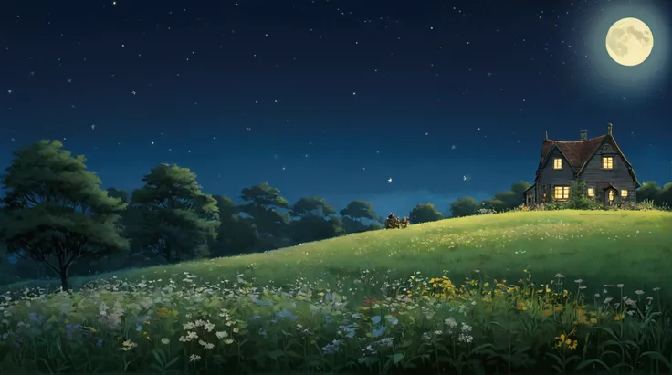 in the farm meadow , ((firefly, wild flower)), night time, bueatiful night, (((small))) beautiful full moon、Ghibli style、My Neighbor Totoro Scenery