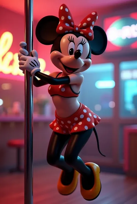 Minnie mouse comes to lifelike dancing in a dance pose with a stripper pole, wearing a polkadot bikini, a unreal engine render inspired by Mike Winkelmann, trending on Artstation, digital art, minnie mouse, dancing character, disney render, minnie mouse, d...