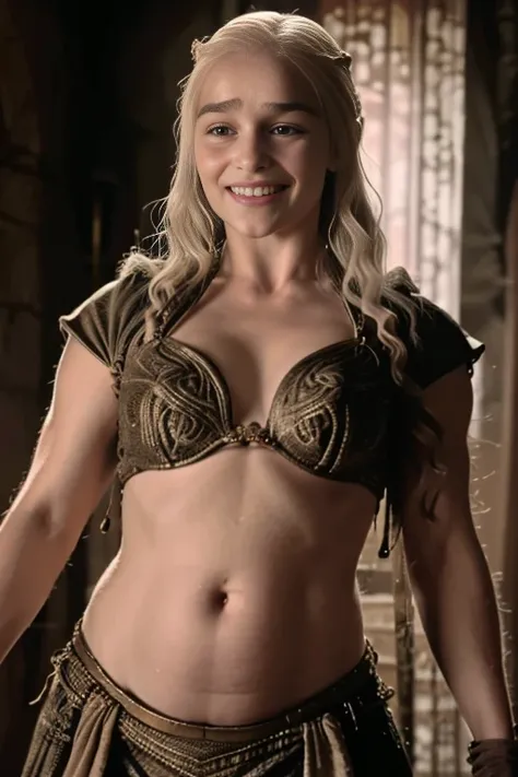 25 year old daenerys targaryen, wears belly dance suit, having sexual facial expressions, performing belly dance at her house in...