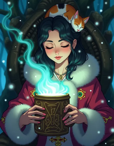 Ghibli Studio style, vibrant colors, close-up of a beautiful enchantresss hands holding a mug overflowing with swirling, luminescent mist. She wears a richly embroidered mage coat with fur accents, seated in a throne carved from a living tree that glows wi...