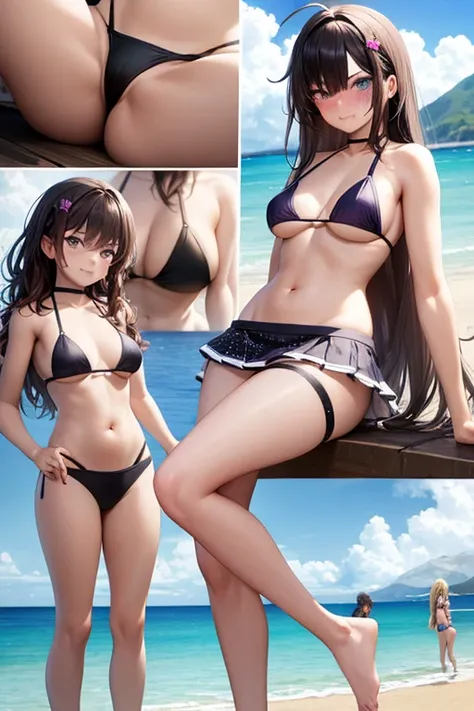 ((best quality)), ((masterpiece)), (detailed), four pictures of 4 womans in a bikini posing on a beach, 4 people, 4 girls gathered on the beach, photo pose, a girl, full body, 20 years old, young adult, happy face, smile, young adult, tall, blue eyes, long...