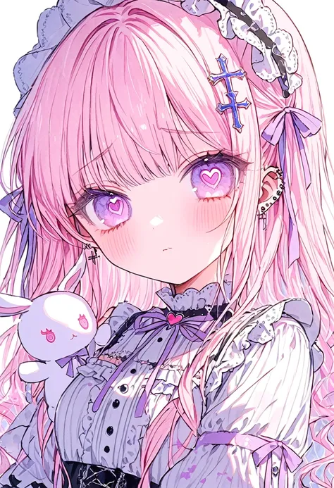 (water color:1.2)Soft lines, 1 girl, solo, light pink hair, light blue inner hair, light pink eyes, round eyes, shy, ((White)) gothic lolita, light pink and light purple ribbon, a lots of cross decoration, tsundere face, white background, style5, 4K, 8K,so...