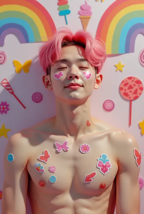 Foto realisitic de um cantor de kpop masculino coreano, jungkook BTS, 24 years, pale face, beautiful  face, face with rosy cheeks and freckles, Muscular and strong body, shaved pink hair, shaven hair,  wearing no shirt, body with several stickers glued, st...