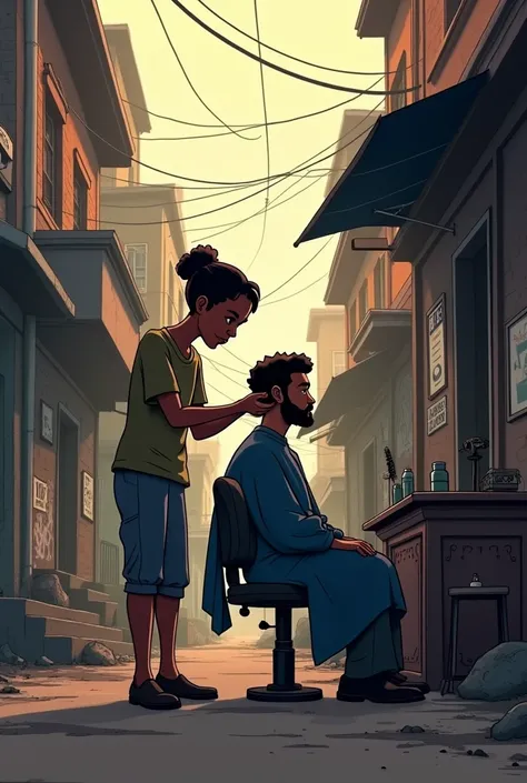 An animated picture where a person outside in a ghetto cuts another person&#39;s hair and on the picture it should be clearly written Sifir cutz by kabula 