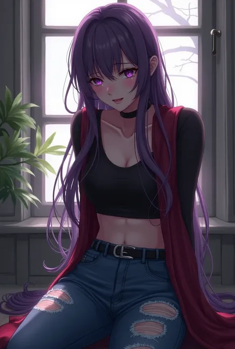 Female character who has long purple hair and purple eyes has a black crop top and a wine red vest and blue ripped jeans with a black belt and is crying near the window sitting