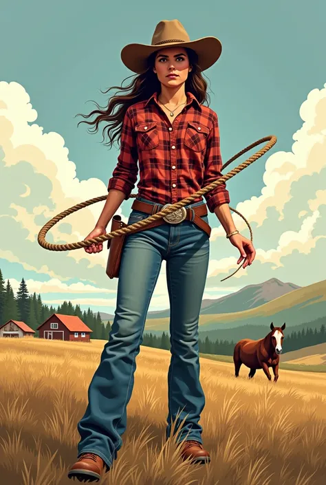 A female cowboy who specializes in capturing animals with her rope. Vector drawing in the northeast style.