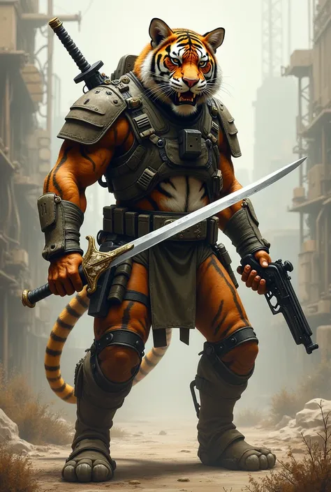 A drawing of a humanoid tiger in a convoy outfit holding a sword in its right hand and a revolver firearm in its left.