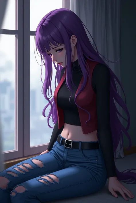 Female character who has long purple hair and purple eyes has a black crop top and a wine red vest and blue ripped jeans with a black belt and is crying near the window sitting looking down from the side in profile mode