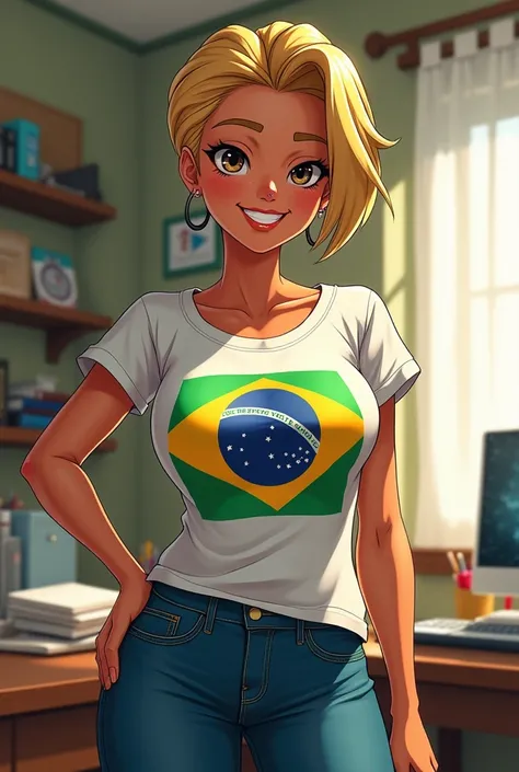 young woman, of Brazilian origin, short blond hair slicked back, tanned skin,big dark rond eyes, big funny smile, Brazilian t-shirt , slim jeans, big smile,mole,grosse poitrine ,Guilty Gear style comics, full body,concept sheet, student room