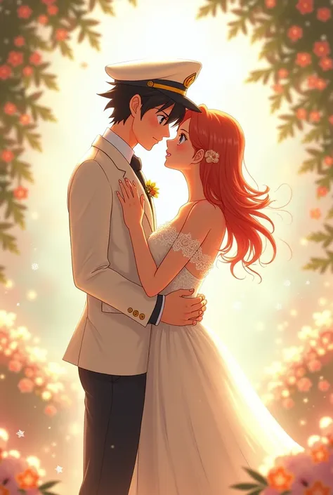 Draw Ash in a wedding suit ,wearing a white cap and Misty in a beautiful wedding dress.