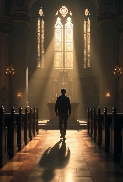 Young man walking up to the altar in a church is pensive
