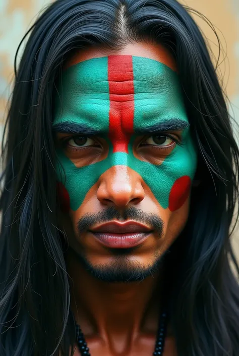 Male Indian with aqua green and red face paint, big straight hair
