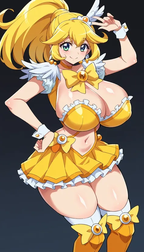 score_9, score_8_up, score_7_up, gloomy, black background,
BREAK

BREAK
1girl, curepeace, ponytail, yellow hair, elect big nipple, huge breasts, smile,  , 
yellow magical girl, navel, wing hair ornament, cropped top, frilled wrist cuffs, friled skirt, thig...