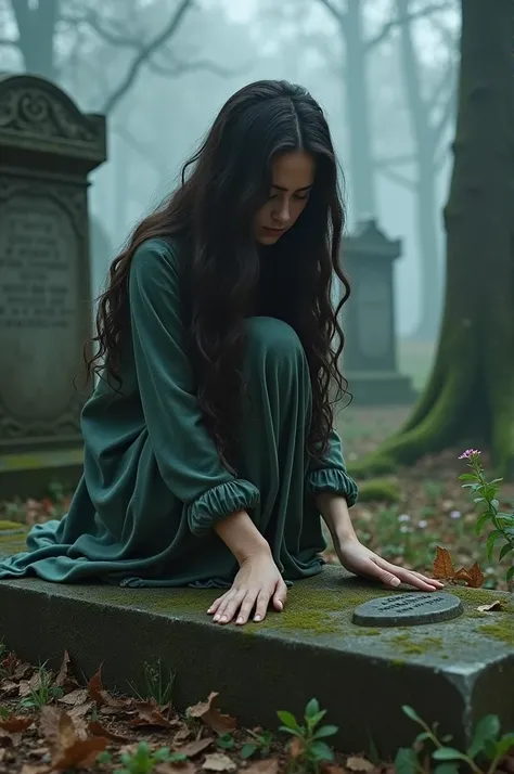 A girl with long wavy hair sitting on a gravestone in a cemetery while talking to the gravestone and crying