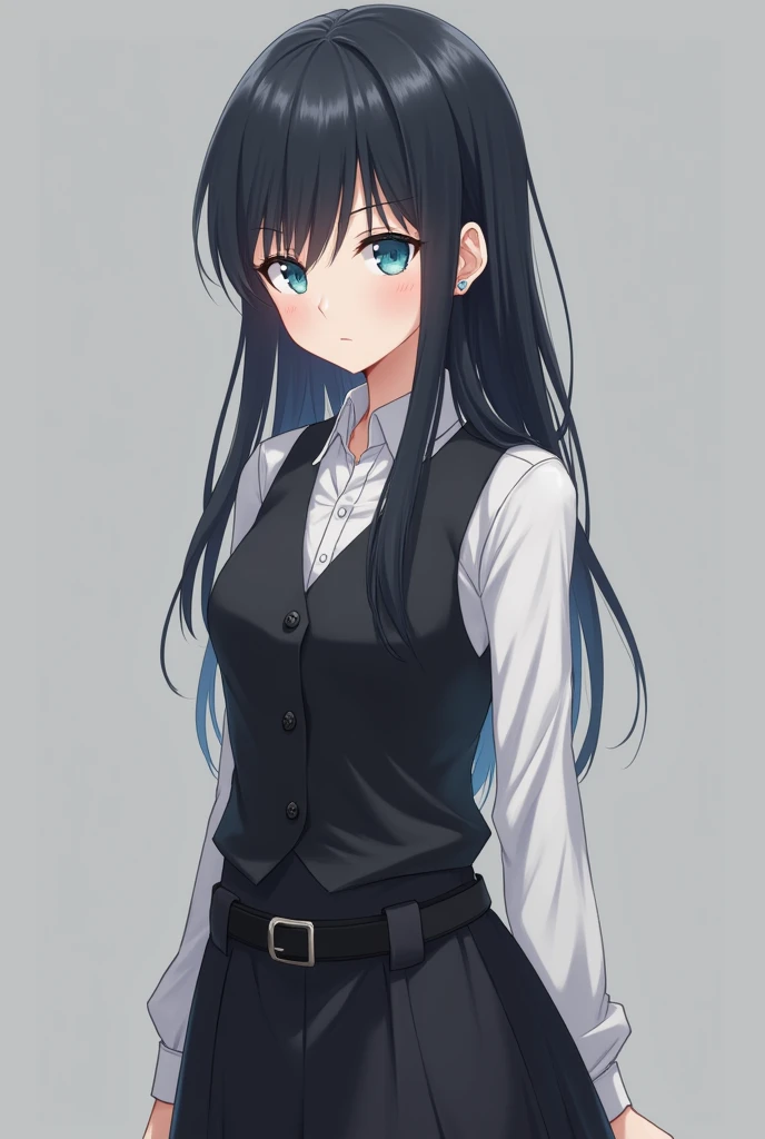 More mature anime style image. A gray background image. A teenager with long black hair loose with a side bang, light blue eyes, with piercings in both ears and a serious expression, a white formal blouse with one button unbuttoned and the sleeve of the bl...