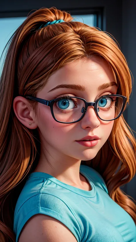 girl, close-up, glasses, intelectual, nerd, selfie for social media, High quality, 8K Ultra HD, hyper-realistic portrait of a perfect 21-year-old fit beautiful Nordic woman wearing a minimalistic bright turquoise gym outfit. The artist captures the woman w...