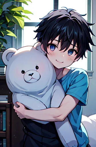 1 boy, he hugs a big white teddy bear, Upper body shot only, Black short hair, He is wearing a light blue shirt, He smiles gently., Bed, Bookshelf, ornamental foliage plant.