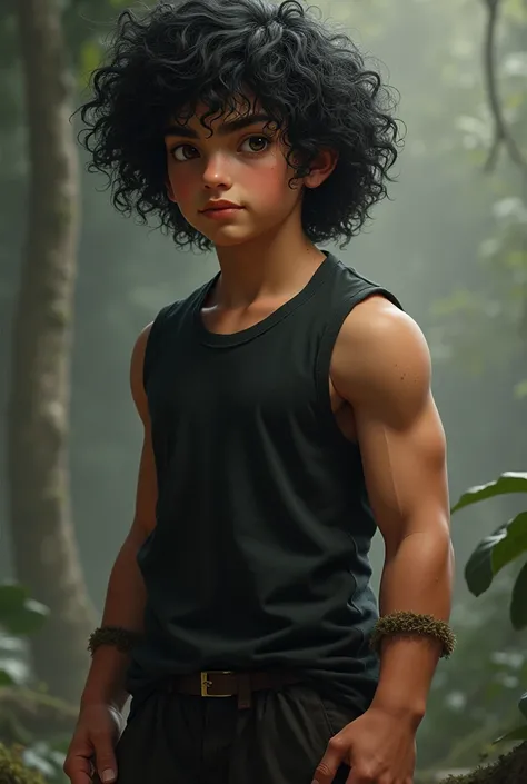 Draw Izaque, a white boy with curly hair, he is 1.80 wears a black shirt and black pants, but just a little bit muscular, he has a defined chin and is like a bear but without hair on his face, brown eyes, black hair, big shirt 15 years old Very masculine c...