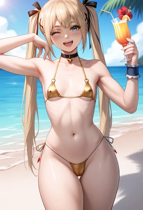 best quality:1.2), 1 girl, Venus body, cowboy shot, Marie Rose, DOA, blonde hair, Venus bikini, fortune bikini, jewelry, navel, posing, cute, sexy, expressive face, happy, posing with drink, beach, happy, small breasts, huge ass, cute, happy, party, venus ...