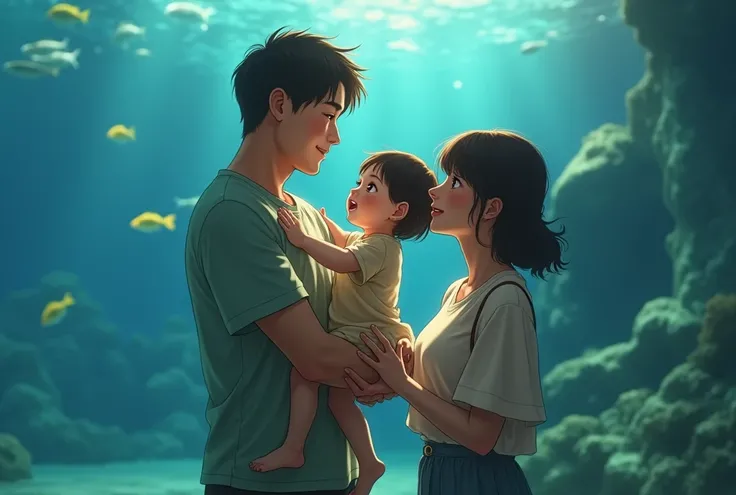 Photo realistic, A young couple with their little daughter, Japanese, They are going to the aquarium., Daughter asking her father to hold her, A happy father and a mother watching over him kindly, Overall warm atmosphere