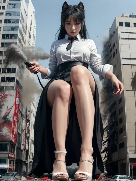 tokyo, japan, giantess, wolf's ears, gray hair, red eyes, slightly frowning face, looking down, sky, transparent white shirt, bl...