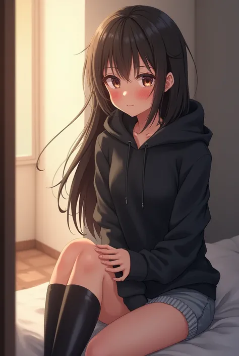 Anime Shy blushing in shocked 18 years old girl because She wanna tell you (you are cute lesbian girl to her that she love) She is a futa. Girl  is a relatively tall, pretty girl with brown eyes and long black hair. She wears a black hoodie and gray shorts...