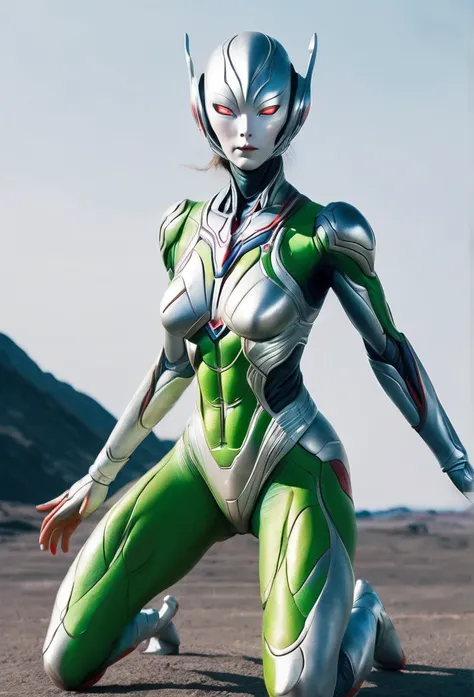 A female alien with a silver body and green lines.、Large milky white eyes、Female Ultraman、Crouching with legs wide open