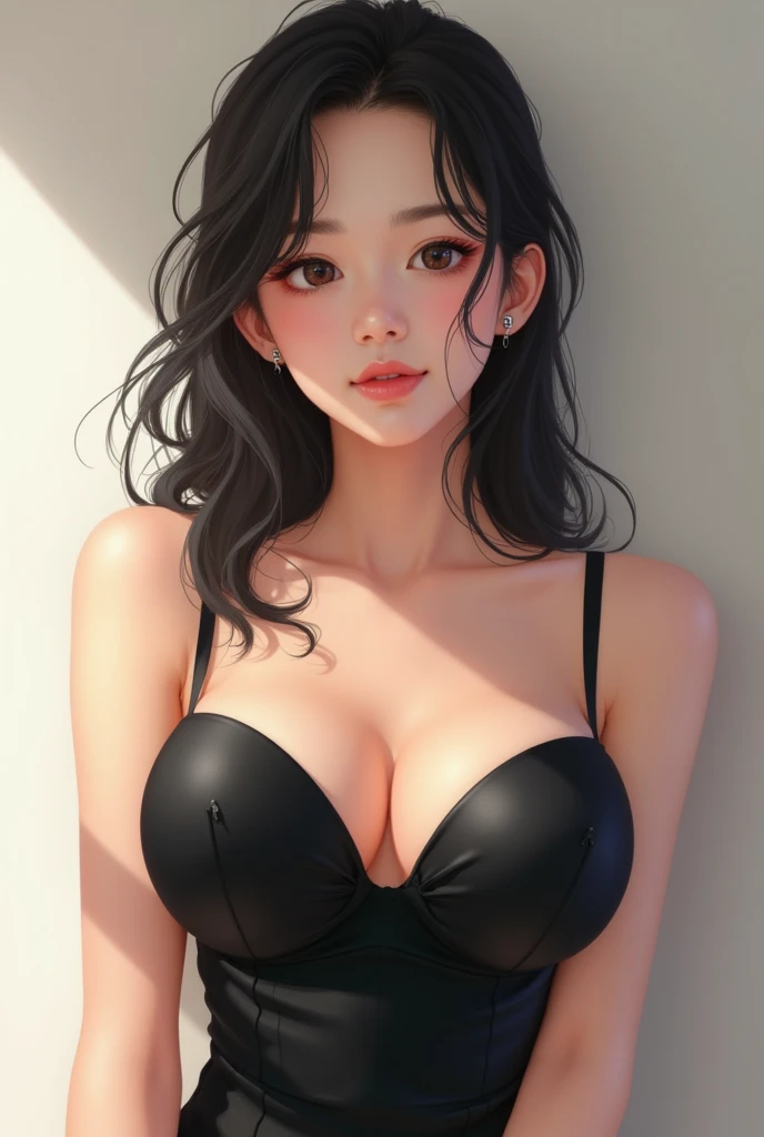 Woman exposing cleavage, F cup breasts, black camisole, thighs, face, Japanese beauty, cute, realistic drawing