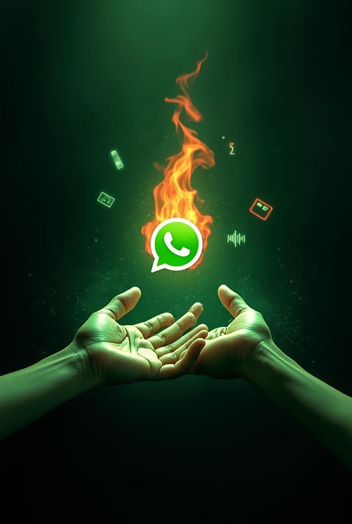 I want an image with black and green color with two hands holding two WhatsApp and music icons with fire on top with sound icon with black and green fire
