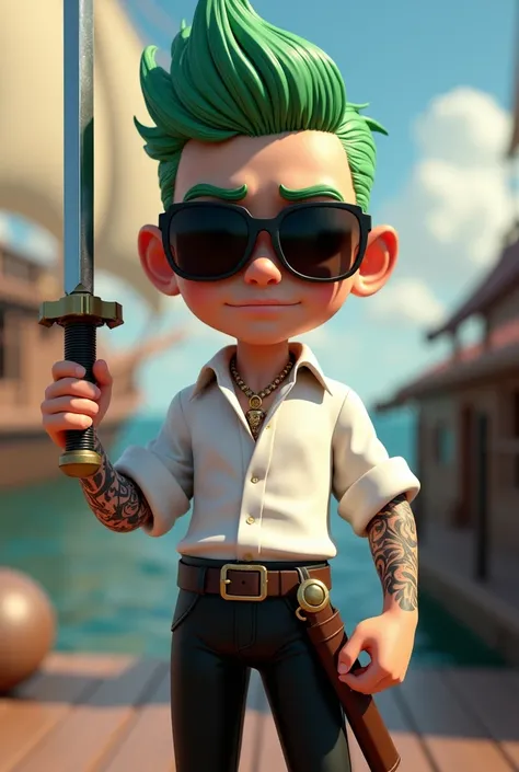 3D caricature of Korean young man with green hair, big head with tattooed arms and sunglasses, carrying a sword, wearing black trousers, white pirate shirt, small character. mafia style, unreal 5 engine, very realistic, one Piece pirate ship background, re...