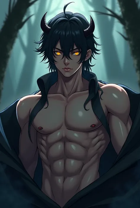 This anime boy has a muscular and manly body, with elegant and beautiful features. Her dark hair falls lightly over her forehead., and small dark horns protrude from its head. His yellow eyes shine brightly, full of mystery. It is located in a dark forest,...