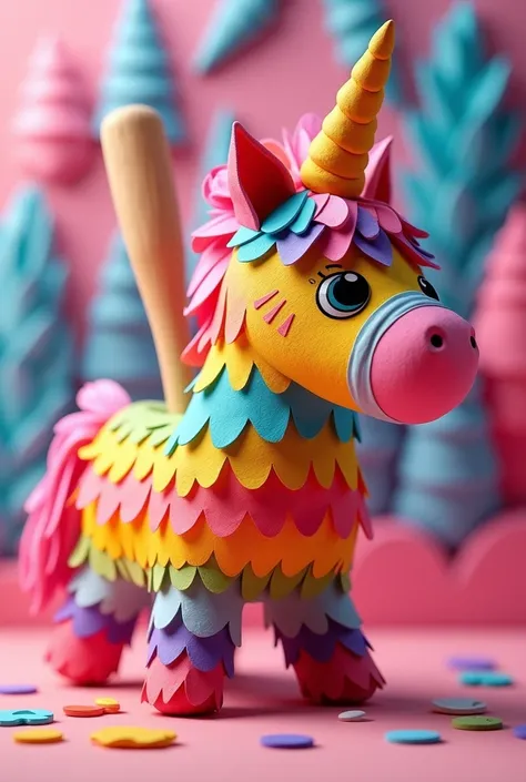 un gros plan dune piñata avec une batte de baseball à lintérieur, Icône 3D pour jeu mobile, piñata faite avec du papier, stylisé en 3D, Art stylisé, Okuda Sam Miguel, Corne de licorne, inspiré par Okuda Gensō, art lowpoly couleur super détaillé, capture d&...