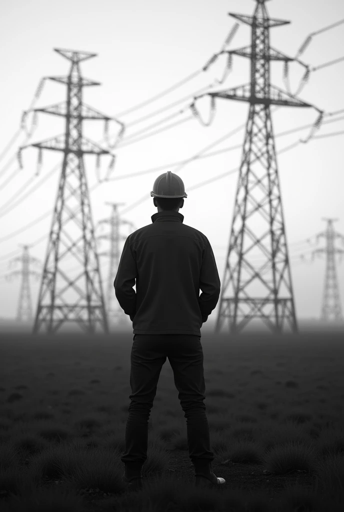 (photorealism:1.2), electrical engineer Shilouette rear view in a field with electrical towers b/w pic