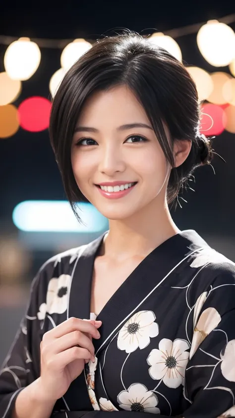 yukata　Fireworks　Smiling Mature Woman　Black hair chignon