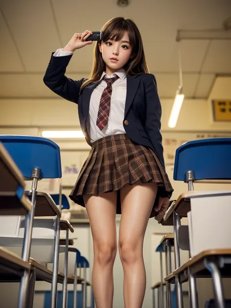 product quality,1 girl,((shooting from below:1.4)),(thigh emphasis),young and cute japanese,daytime, ((high school classroom:1.2...