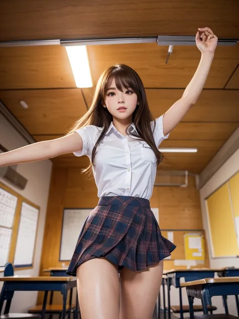 Product quality,1 girl,((Shooting from below:1.4)),(Thigh Emphasis),Young and cute Japanese,Daytime, ((High school classroom:1.2)),Schoolgirl uniform,blazer, Ultra short,Plaid,Blue micro mini skirt,Very cute face,Glossy Lips,Beautiful big eyes,Brown eyes,D...