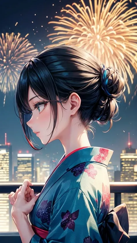 Skyscraper rooftop　Mature woman looking up at fireworks　Black hair chignon　A vibrant turquoise yukata