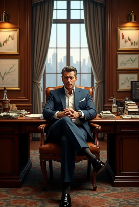 Image of a rich businessman, sitting in a luxurious office, surrounded by charts and money.