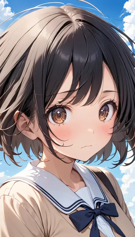 heatstroke, 1 girl, black hair, short hair, brown eyes,beige school uniform, panic, blue sky, blow in the wind , cute, closed mouth, looking at viewer