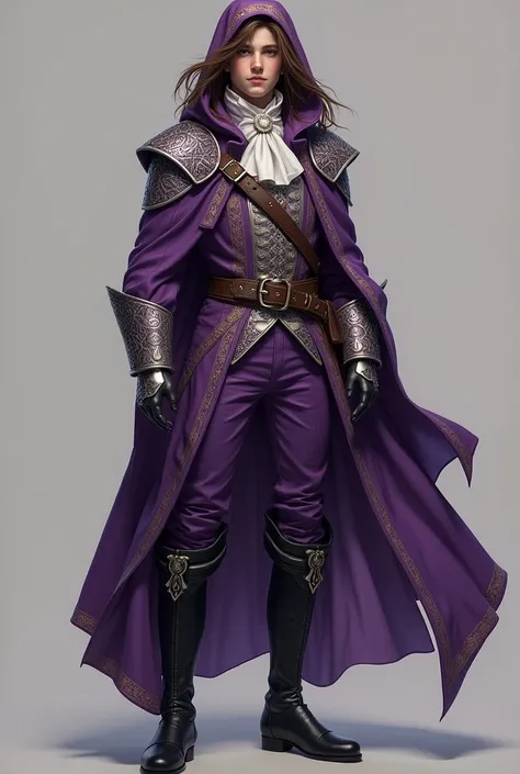 photo by full body, best qualityer, male teenager with long brown hair, details Intricate, 真实感, purple and silver musketeer clothes, with hood on head, whole body, full body, men&#39;s boots in black