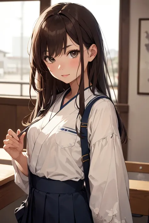 ((best qualityer)), ((work of art)), (detailded)), A girl with long brown hair in a Japanese schoolgirl outfit.