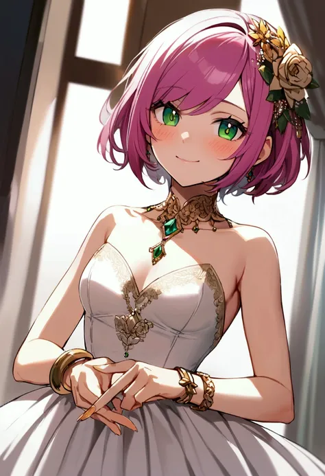 20 years old girl, fuchsia hair, short hair, green eyes, sly smile, sly eyes, wearing wedding dress, wear gold bracelet