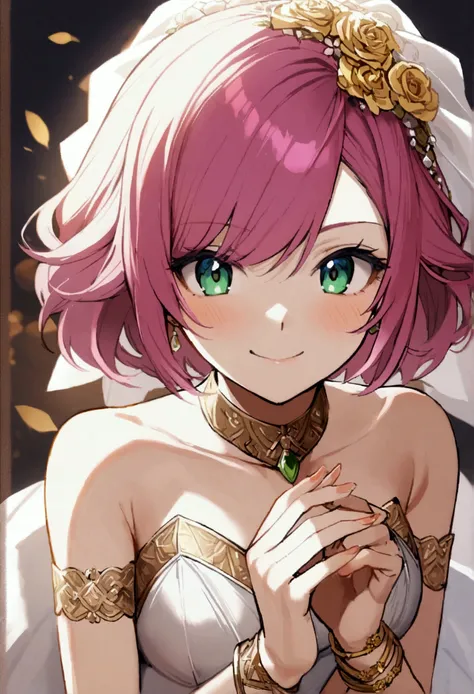 20 years old girl, fuchsia hair, short hair, green eyes, sly smile, sly eyes, wearing wedding dress, wear gold bracelet