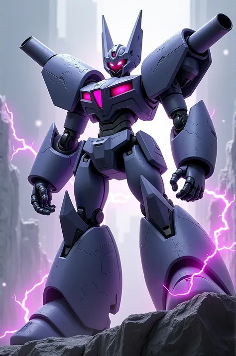 Gemerl merged with vile mark3, grey and violet, reploid, con Details celestes y amarillos, cannon on the shoulder, robot eggman, robot de megaman x, thin arms, armor redondeada, energy, Details_speed,aerodynamic, evil robot, scratched_armor, malignant aura...