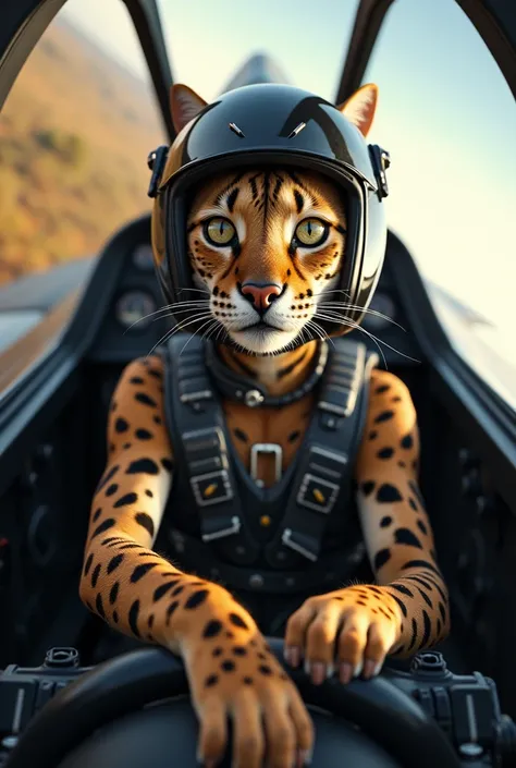 Savannah cat wearing pilot suit and helmet flying fighter jet, real, high resolution detail, full picture as real life from the planes immersion, full picture from afar