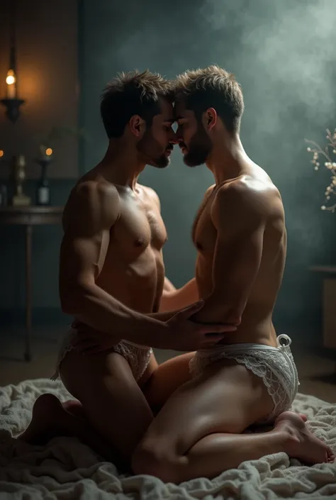 two men on their knees dressed in lingerie

