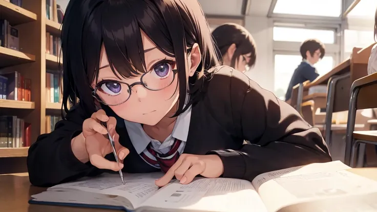 ​masterpiece, top-quality, High-quality images, high resolution, 8K, 1 student, detailed, Detailed eye depiction, skin gloss, school uniform, large breast, Lustrous hair, Black short-haired, disheveled hair, Round glasses, Narrow old room, many bookshelves...