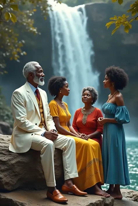 A black grandfather dressed in white sitting, a black grandmother dressed in yellow sitting, a young black woman dressed in blue and a black woman dressed in red at a waterfall 