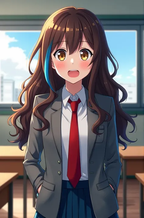 Screenshot My hero academia. A girl with long brown wavy hair with blue streaks. With honey-colored slanted eyes, wearing her UA school uniform (gray jacket with red tie ) being in a classroom with shoto todoroki