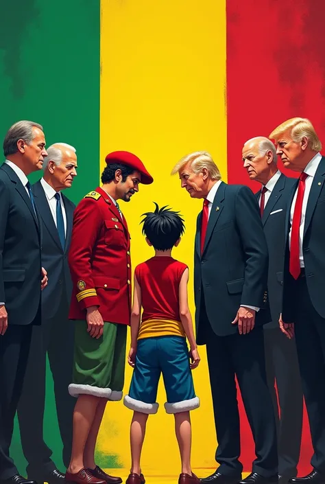 Generates maduro with chavez and luffy against joe biden and donald trump and in the middle the flag of ghana